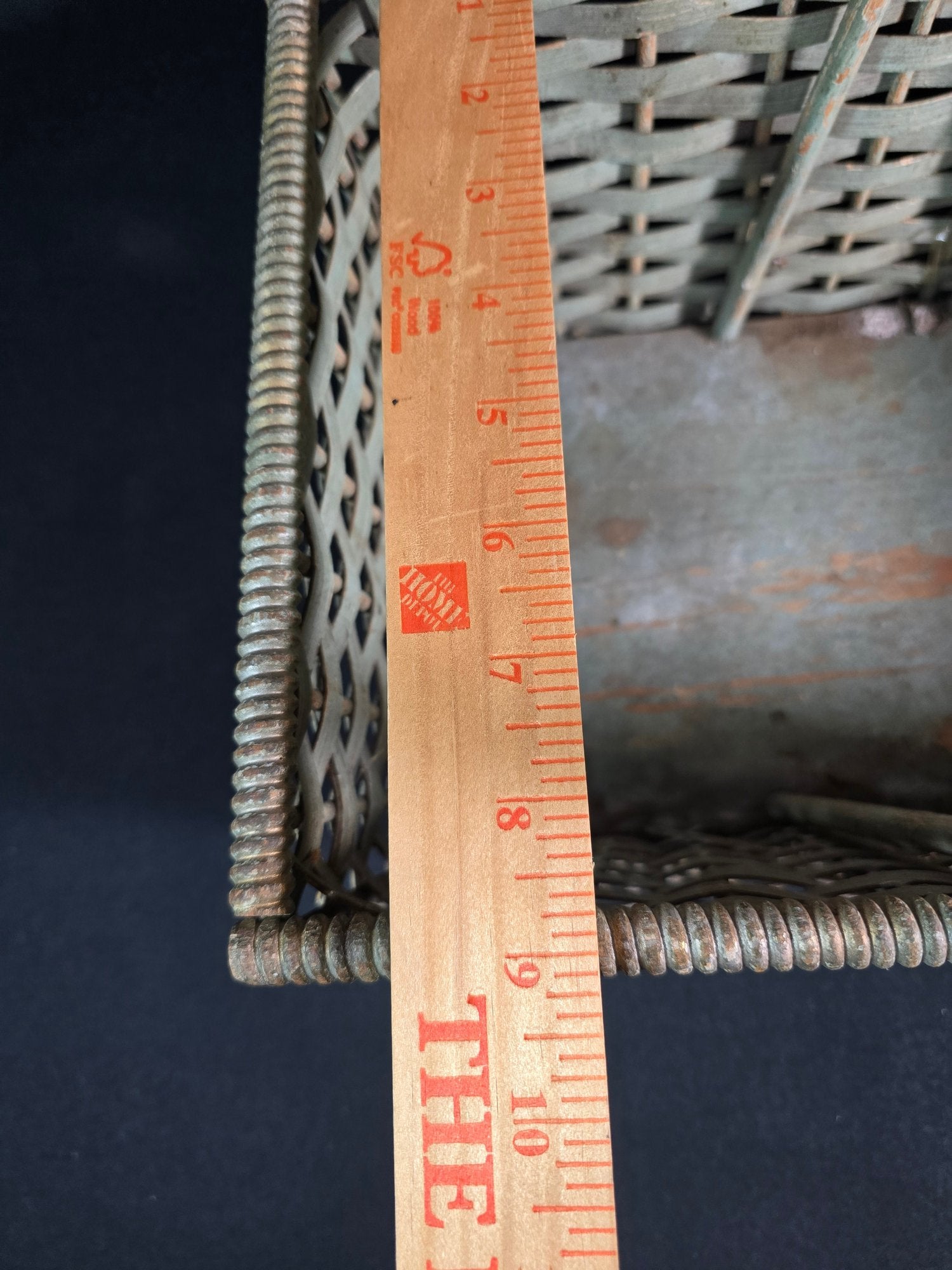 Antique American Primitive Painted Splint Gathering Basket With Solid Wood Bottom And Verdigris Patina