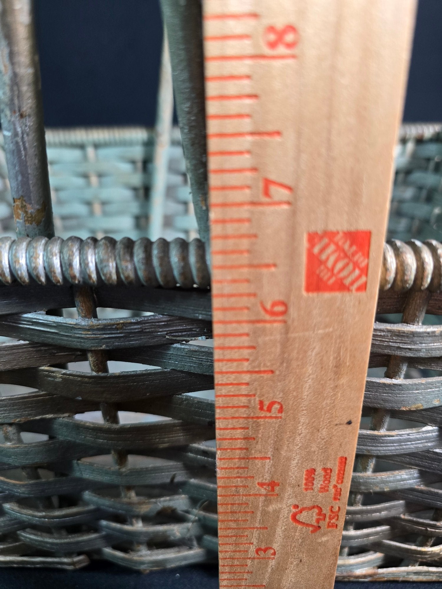 Antique American Primitive Painted Splint Gathering Basket With Solid Wood Bottom And Verdigris Patina