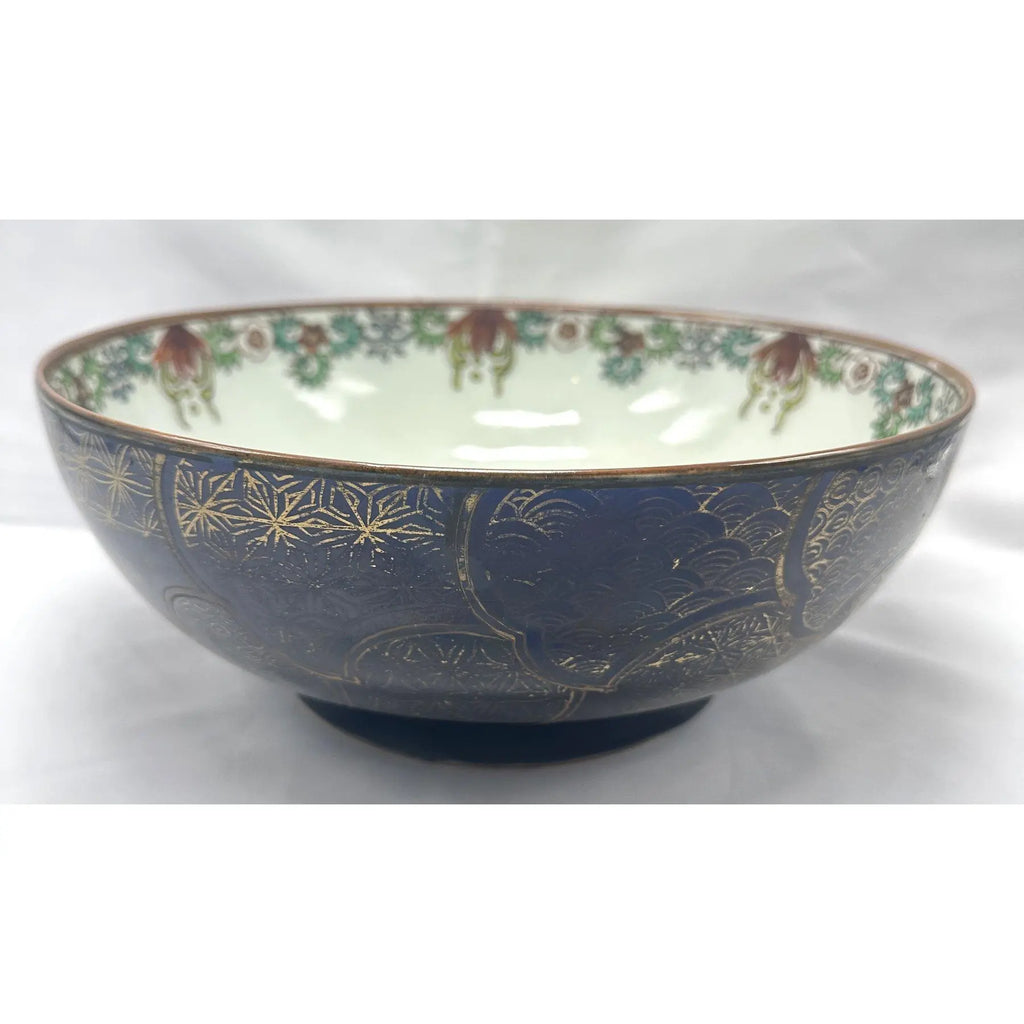 18th C. Qianlong Chinese Export Powder Blue Gilt Famille Rose 11 Inch Punch Bowl, Antique Qing Dynasty Chinoiserie Porcelain, Mandarin Palette
