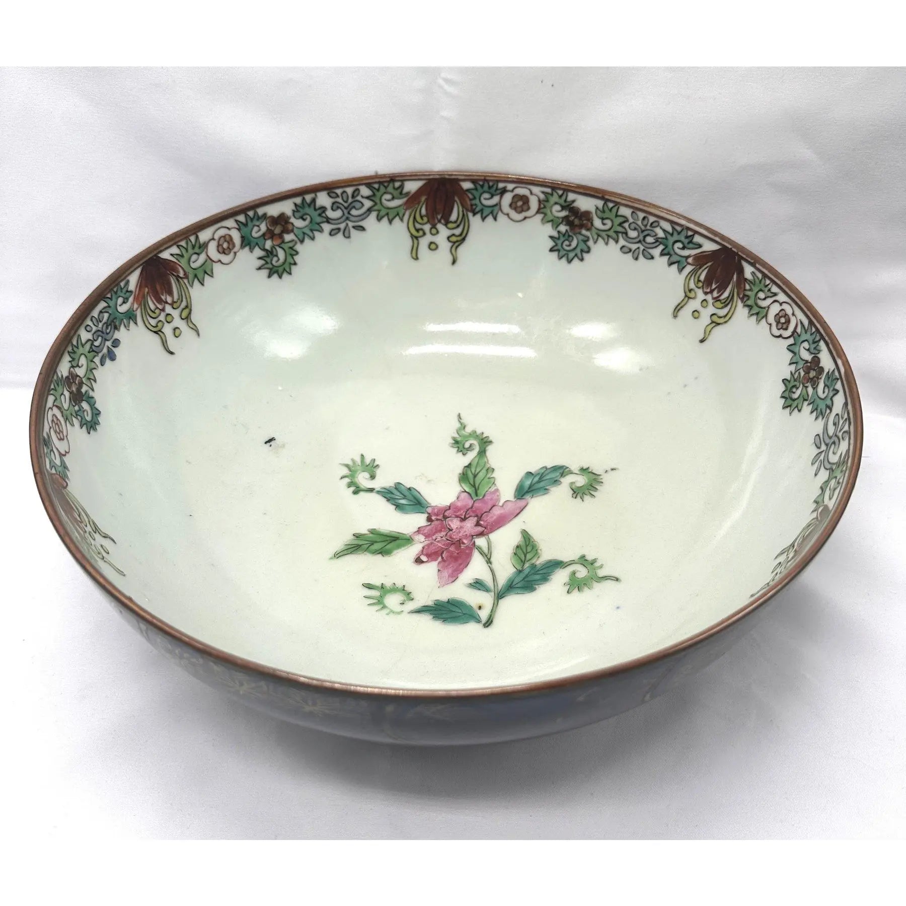 18th C. Qianlong Chinese Export Powder Blue Gilt Famille Rose 11 Inch Punch Bowl, Antique Qing Dynasty Chinoiserie Porcelain, Mandarin Palette