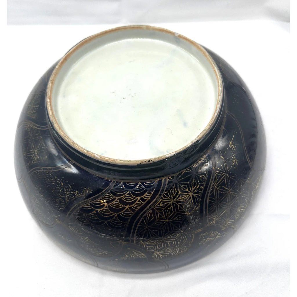 18th C. Qianlong Chinese Export Powder Blue Gilt Famille Rose 11 Inch Punch Bowl, Antique Qing Dynasty Chinoiserie Porcelain, Mandarin Palette