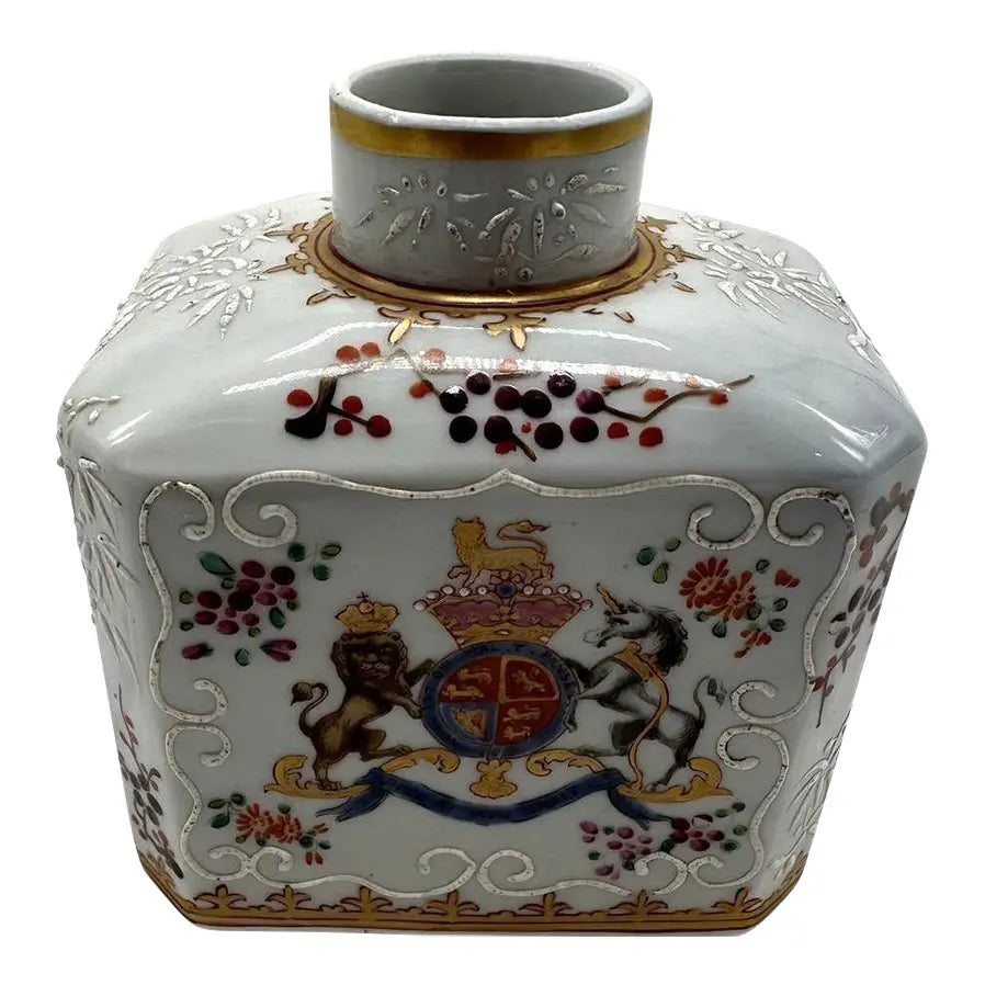 Antique George III Armorial Chinese Export Porcelain Tea Caddy British Royal Arms