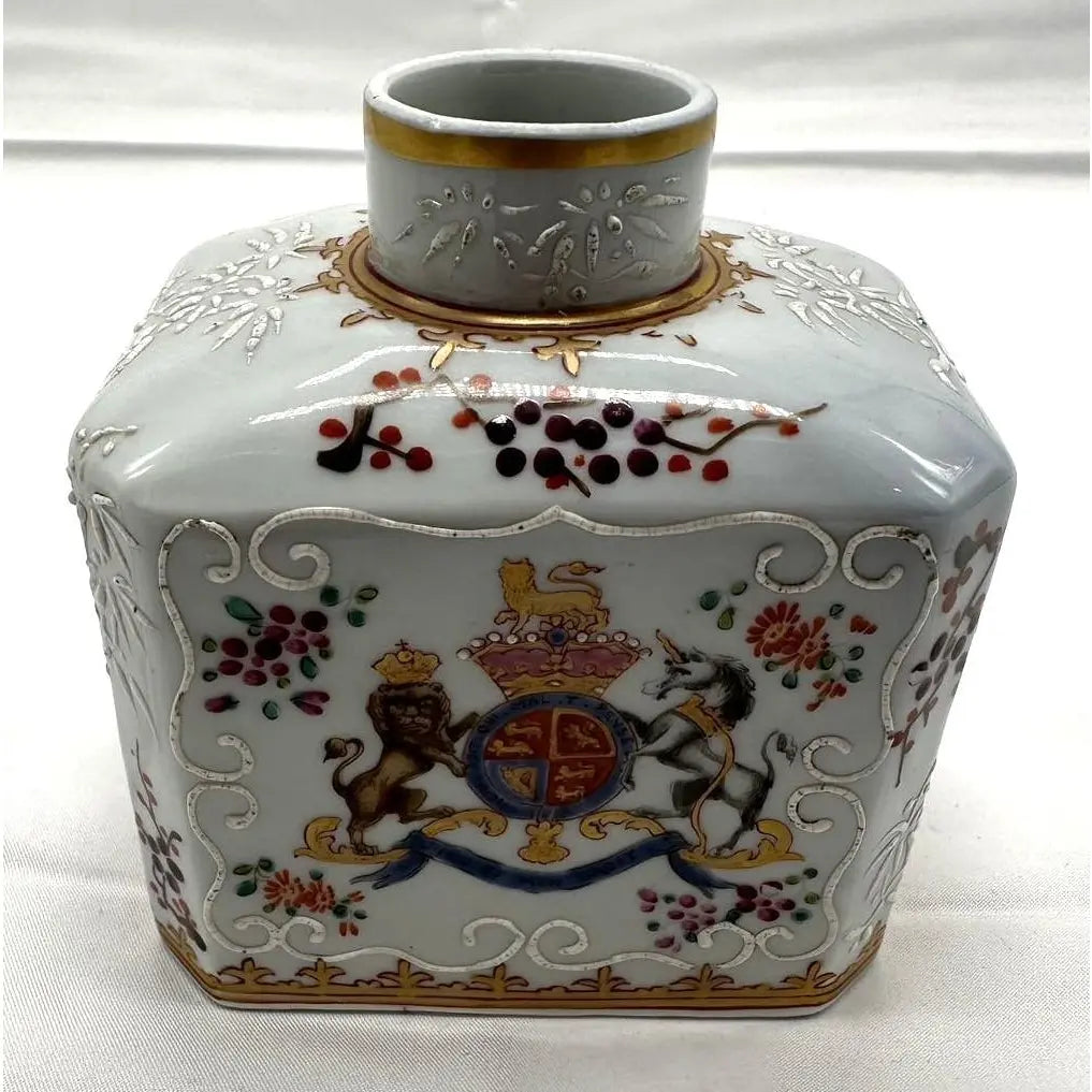 Antique George III Armorial Chinese Export Porcelain Tea Caddy British Royal Arms