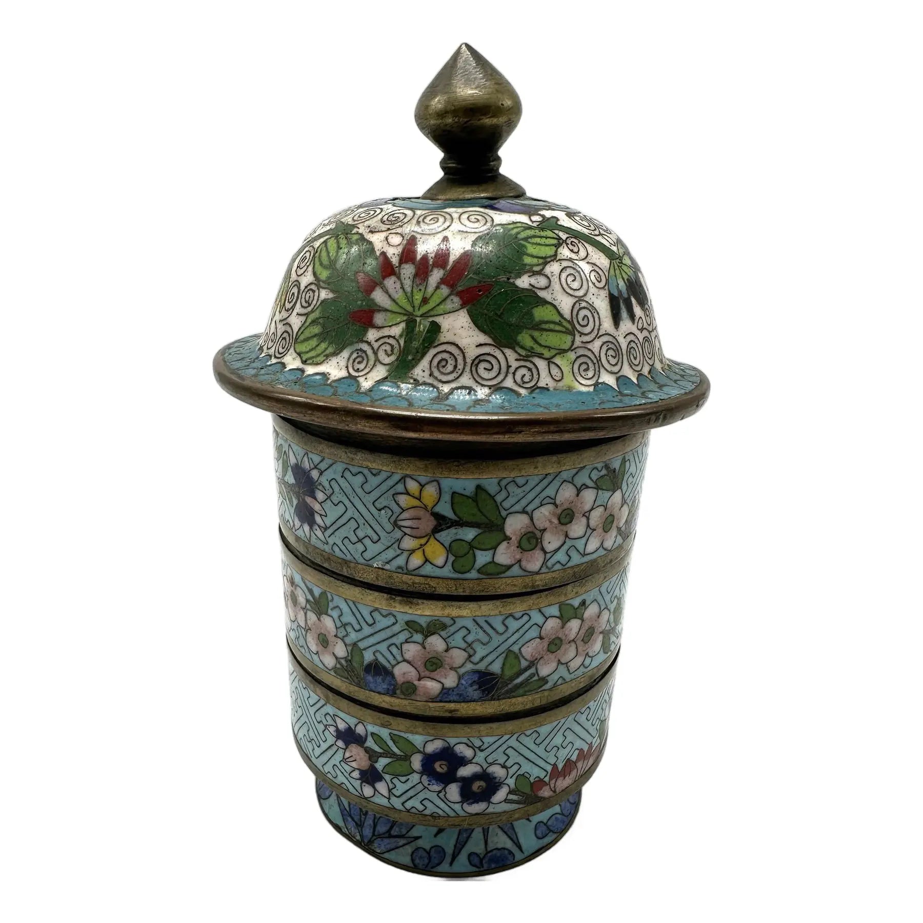Antique 19th Century Chinese Cloisonné Stacking Box, Late Qing Dynasty, Blue Enamel, Scholar Accessory