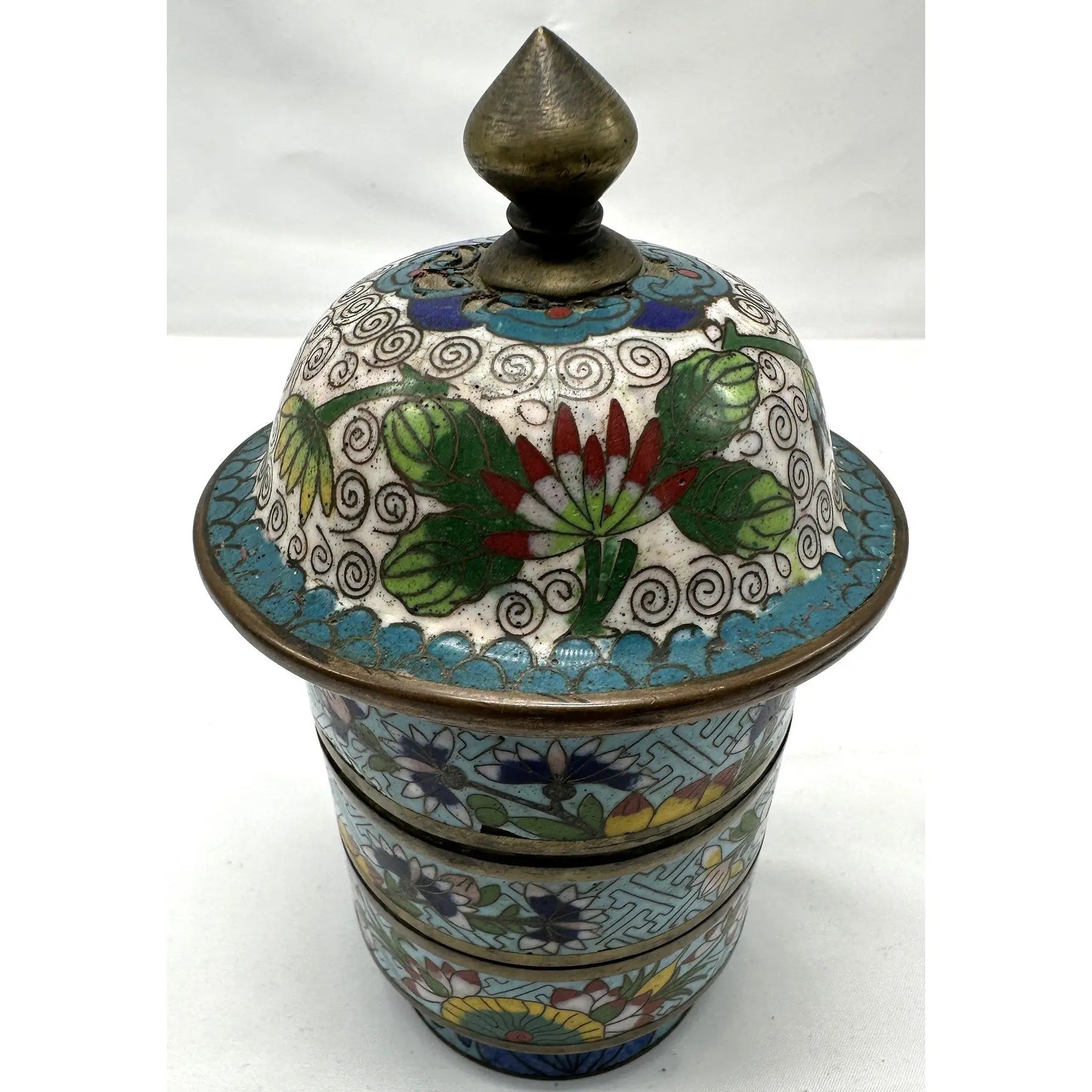 Antique 19th Century Chinese Cloisonné Stacking Box, Late Qing Dynasty, Blue Enamel, Scholar Accessory
