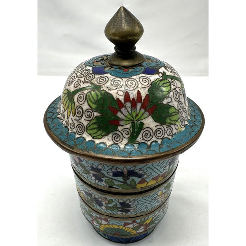 Antique 19th Century Chinese Cloisonné Stacking Box, Late Qing Dynasty, Blue Enamel, Scholar Accessory