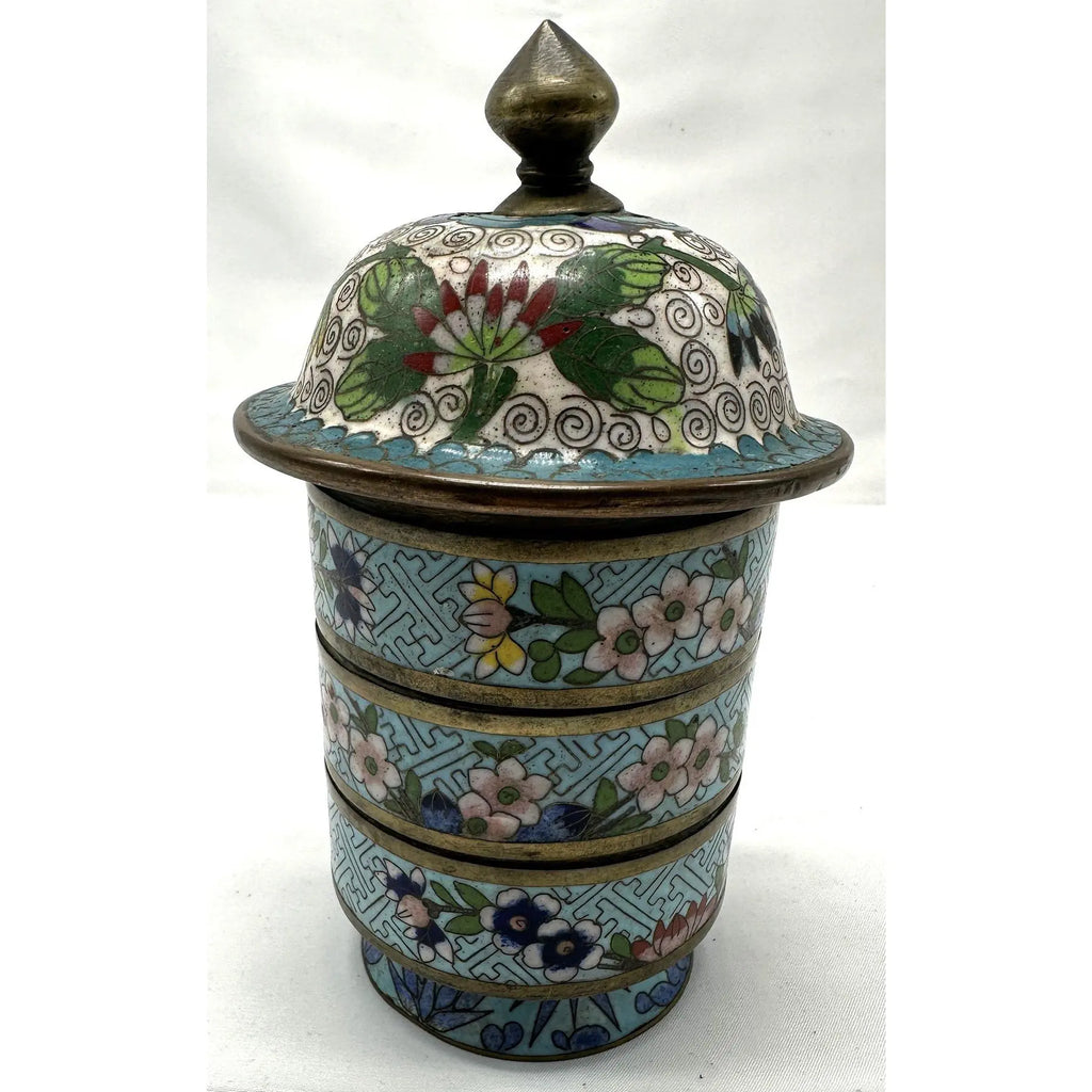 Antique 19th Century Chinese Cloisonné Stacking Box, Late Qing Dynasty, Blue Enamel, Scholar Accessory