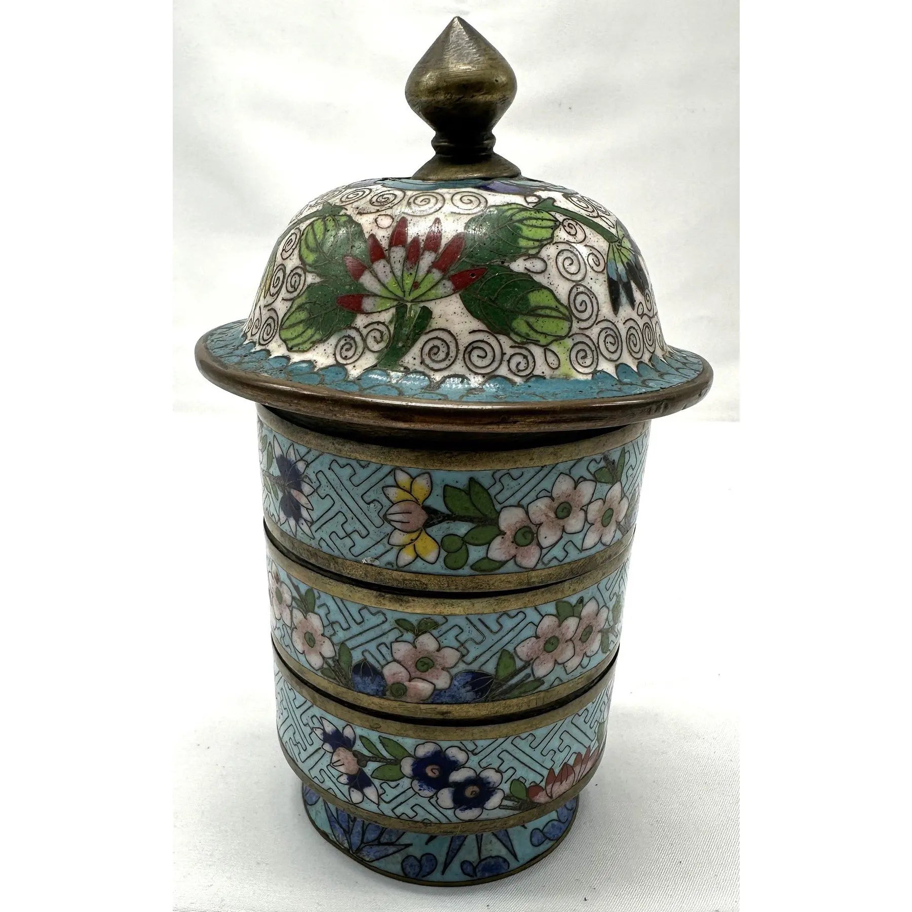 Antique 19th Century Chinese Cloisonné Stacking Box, Late Qing Dynasty, Blue Enamel, Scholar Accessory
