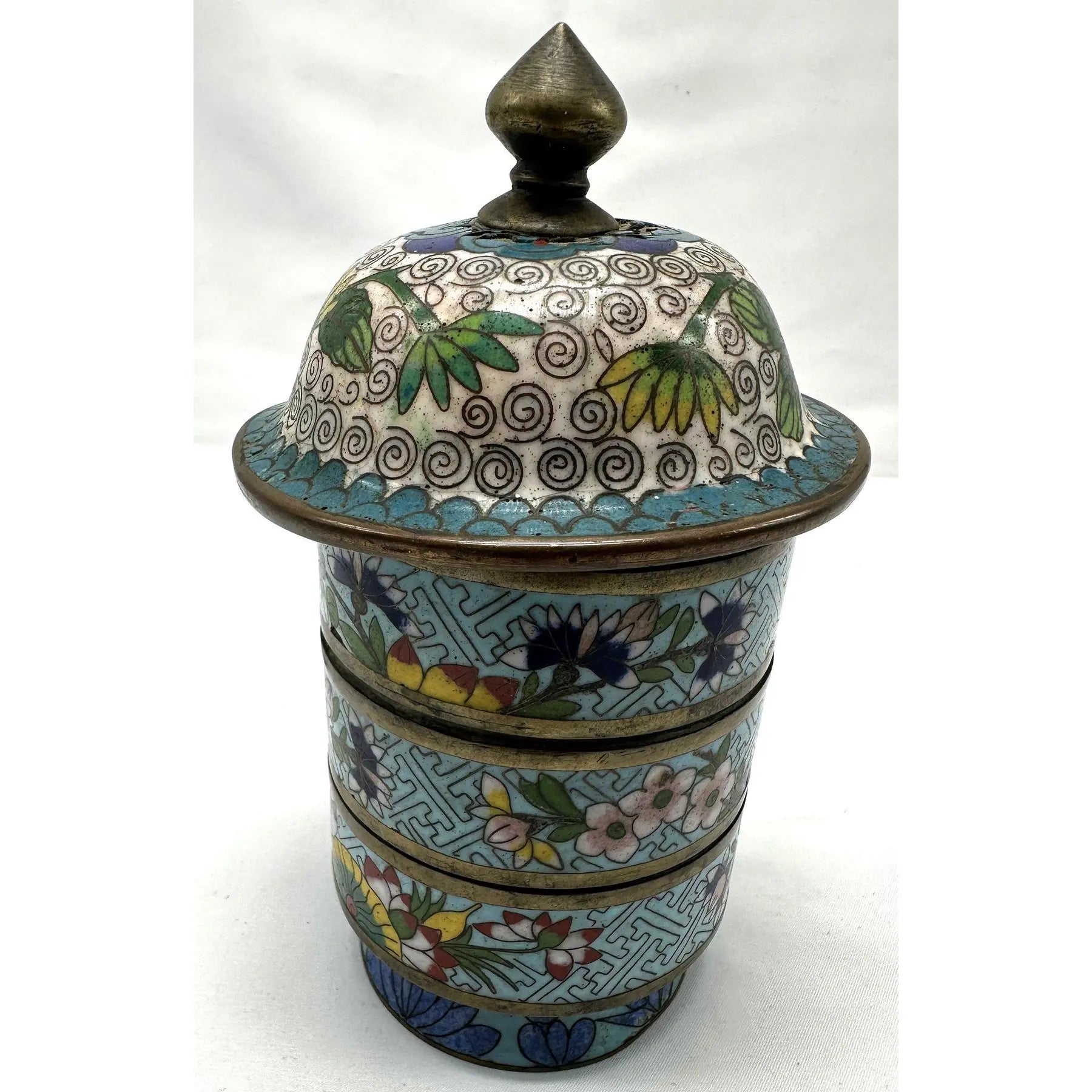 Antique 19th Century Chinese Cloisonné Stacking Box, Late Qing Dynasty, Blue Enamel, Scholar Accessory