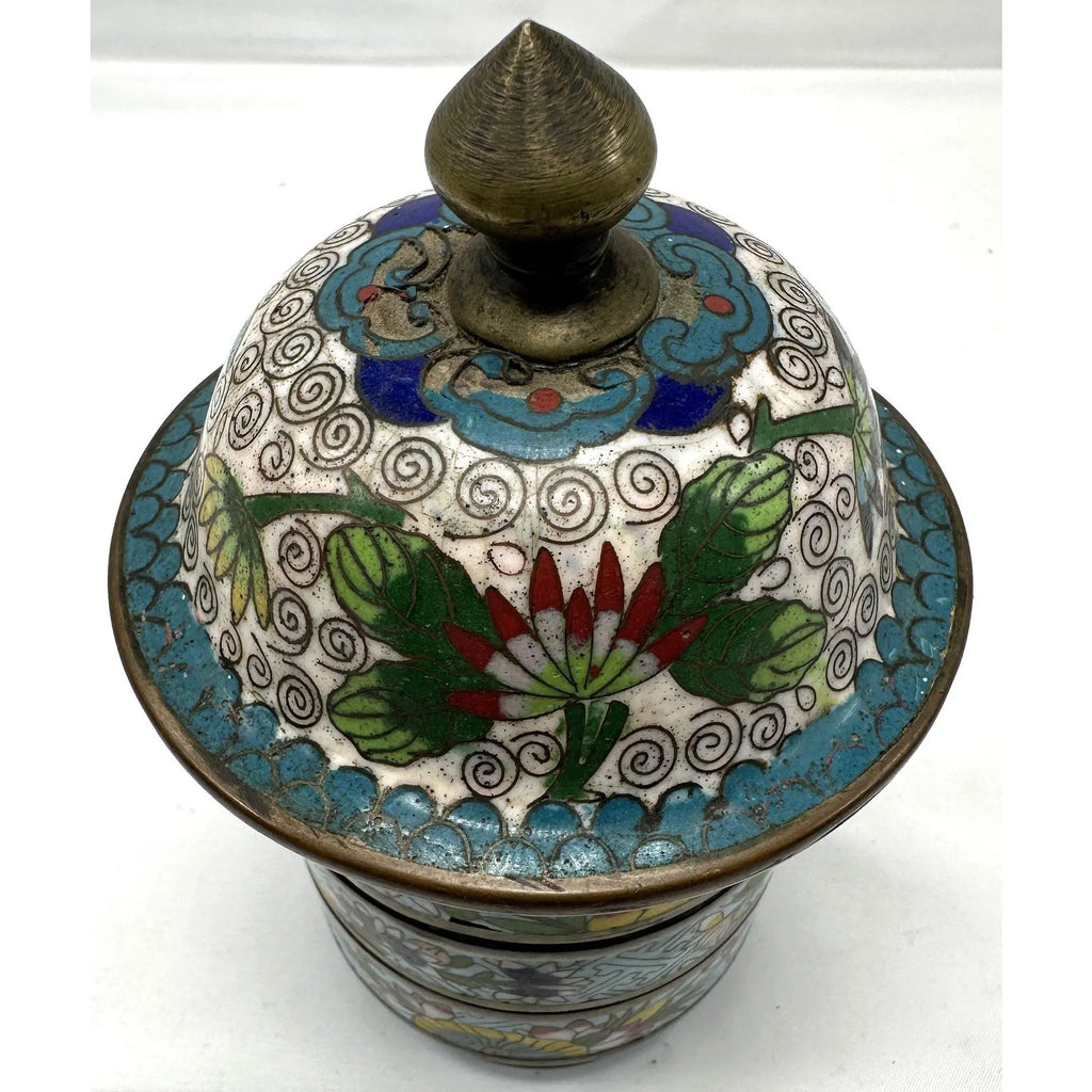 Antique 19th Century Chinese Cloisonné Stacking Box, Late Qing Dynasty, Blue Enamel, Scholar Accessory