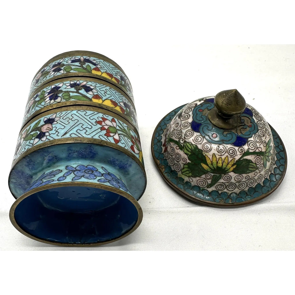 Antique 19th Century Chinese Cloisonné Stacking Box, Late Qing Dynasty, Blue Enamel, Scholar Accessory