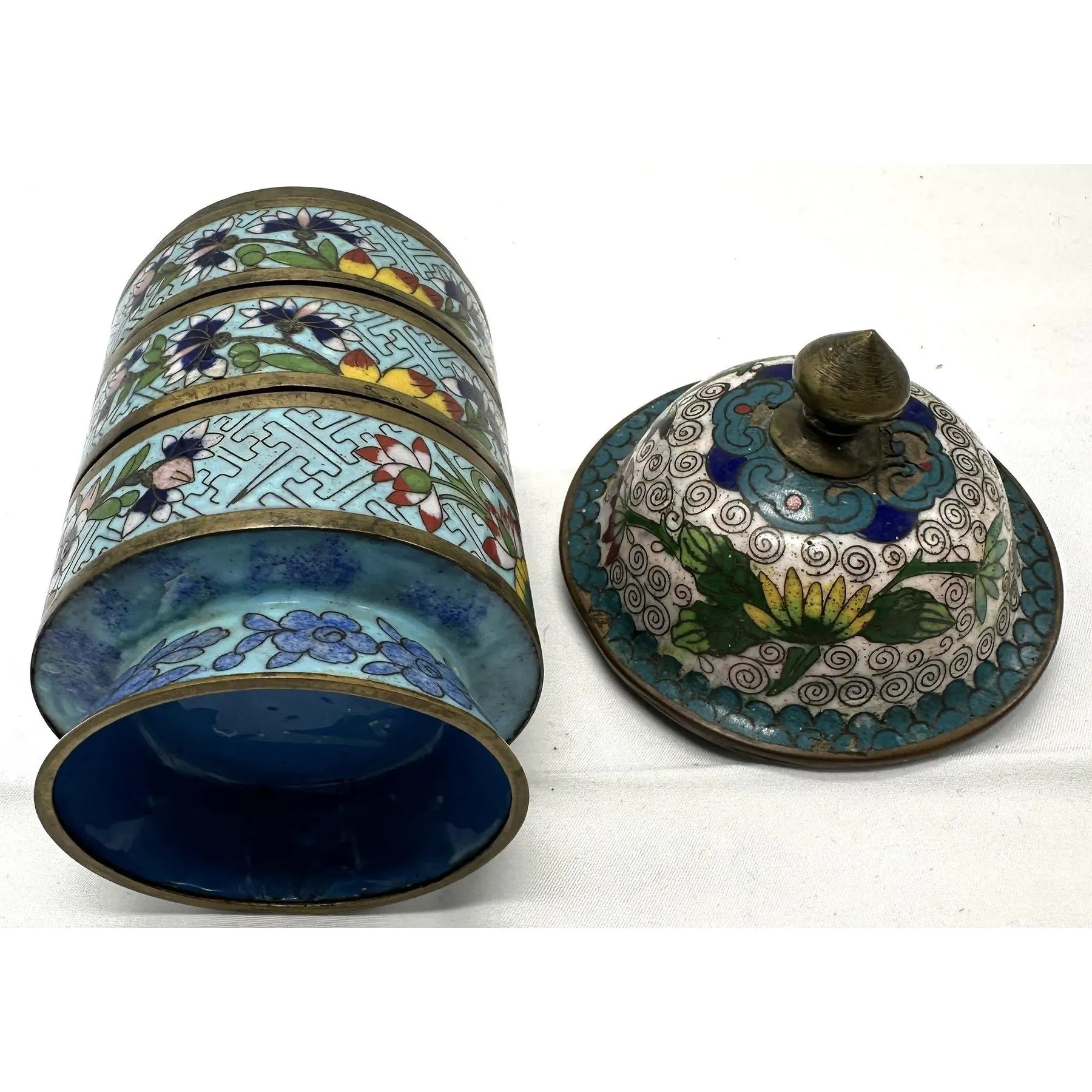 Antique 19th Century Chinese Cloisonné Stacking Box, Late Qing Dynasty, Blue Enamel, Scholar Accessory