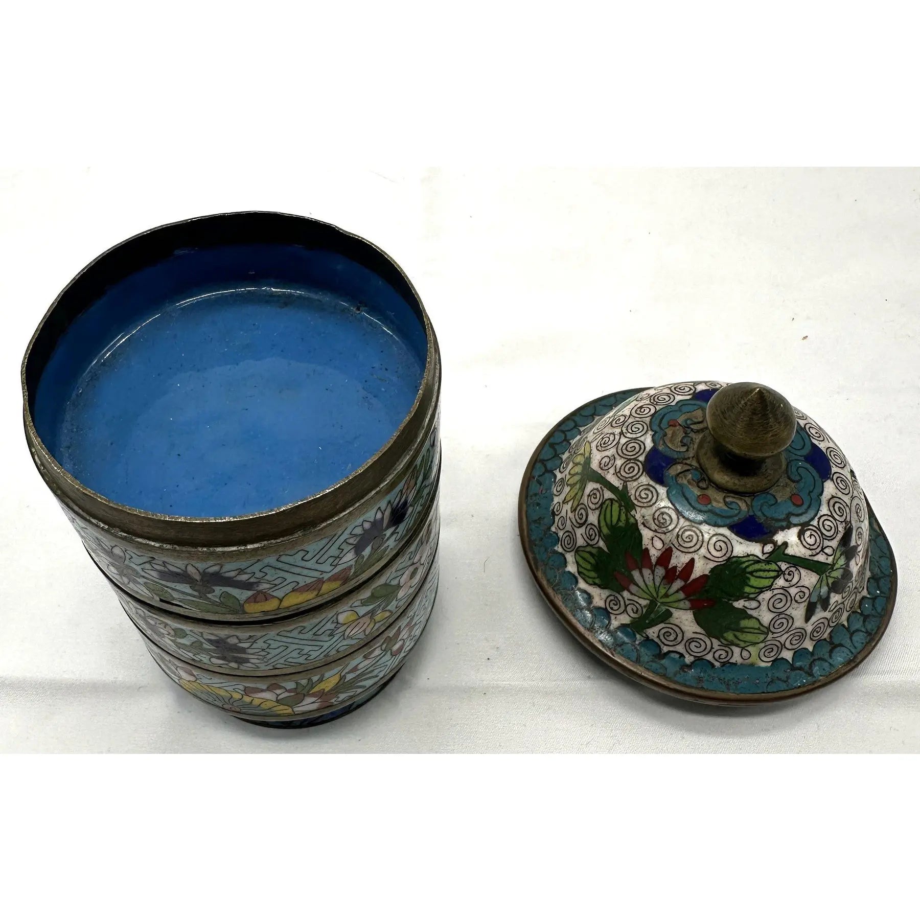 Antique 19th Century Chinese Cloisonné Stacking Box, Late Qing Dynasty, Blue Enamel, Scholar Accessory
