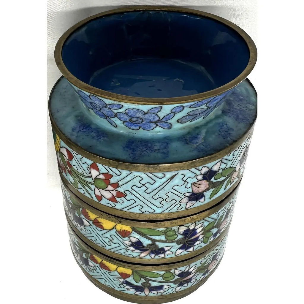 Antique 19th Century Chinese Cloisonné Stacking Box, Late Qing Dynasty, Blue Enamel, Scholar Accessory