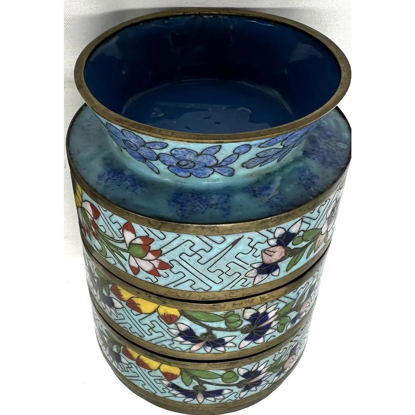 Antique 19th Century Chinese Cloisonné Stacking Box, Late Qing Dynasty, Blue Enamel, Scholar Accessory