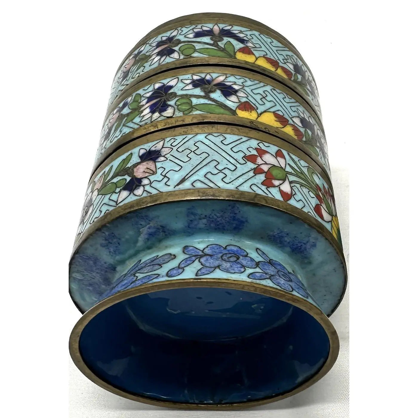Antique 19th Century Chinese Cloisonné Stacking Box, Late Qing Dynasty, Blue Enamel, Scholar Accessory