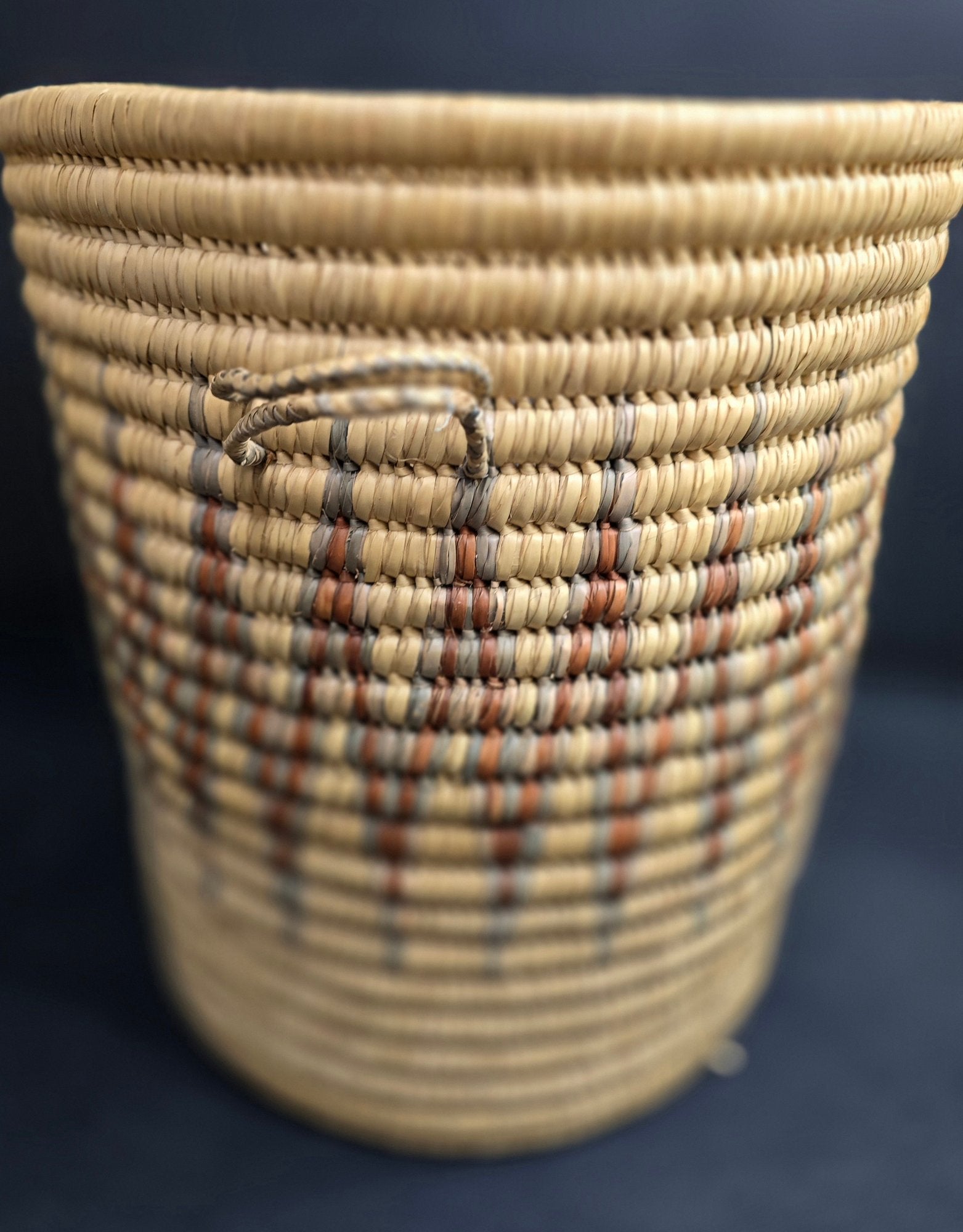 Large Hand Woven African Coil Basket With Earth Tone Geometric Pattern