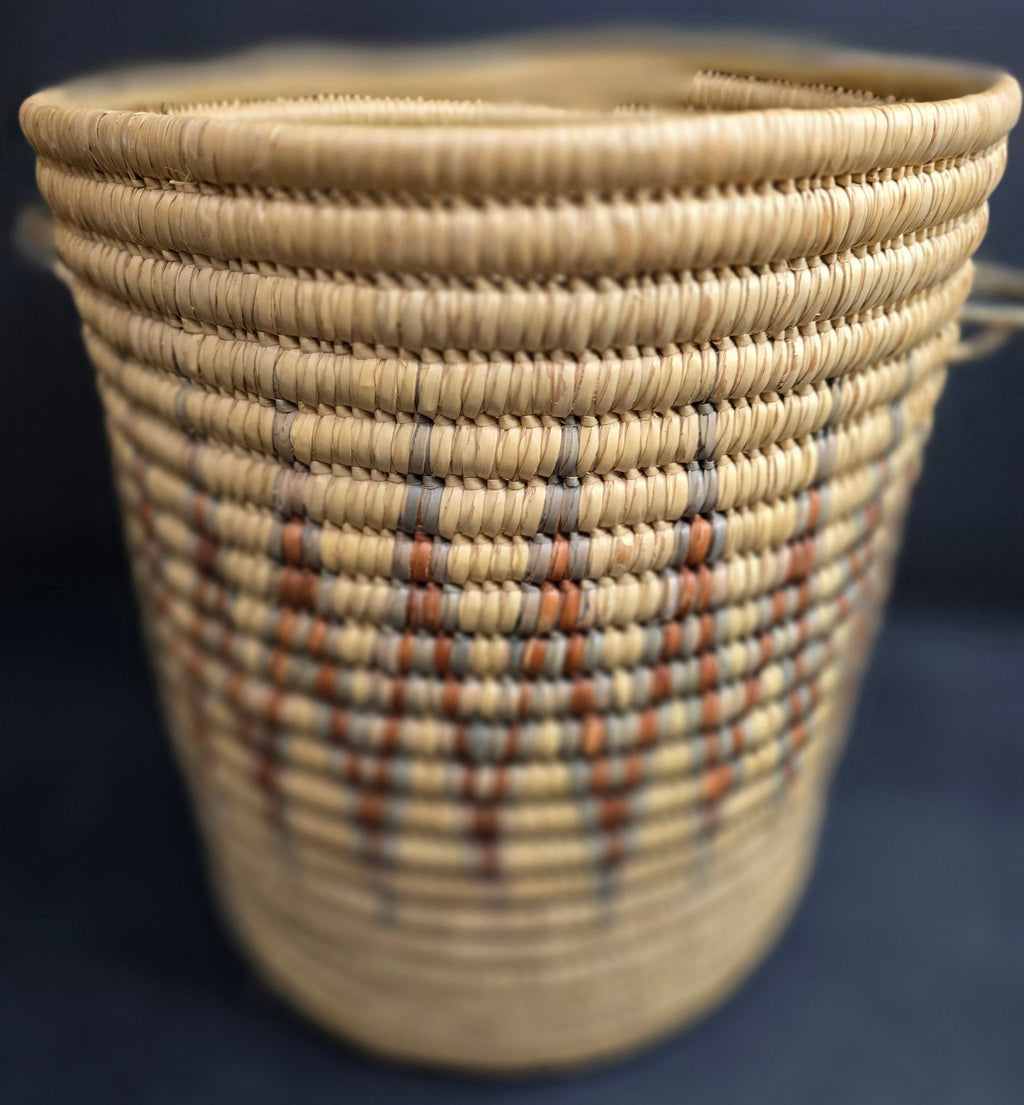 Large Hand Woven African Coil Basket With Earth Tone Geometric Pattern
