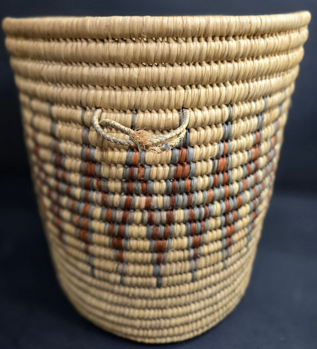 Large Hand Woven African Coil Basket With Earth Tone Geometric Pattern
