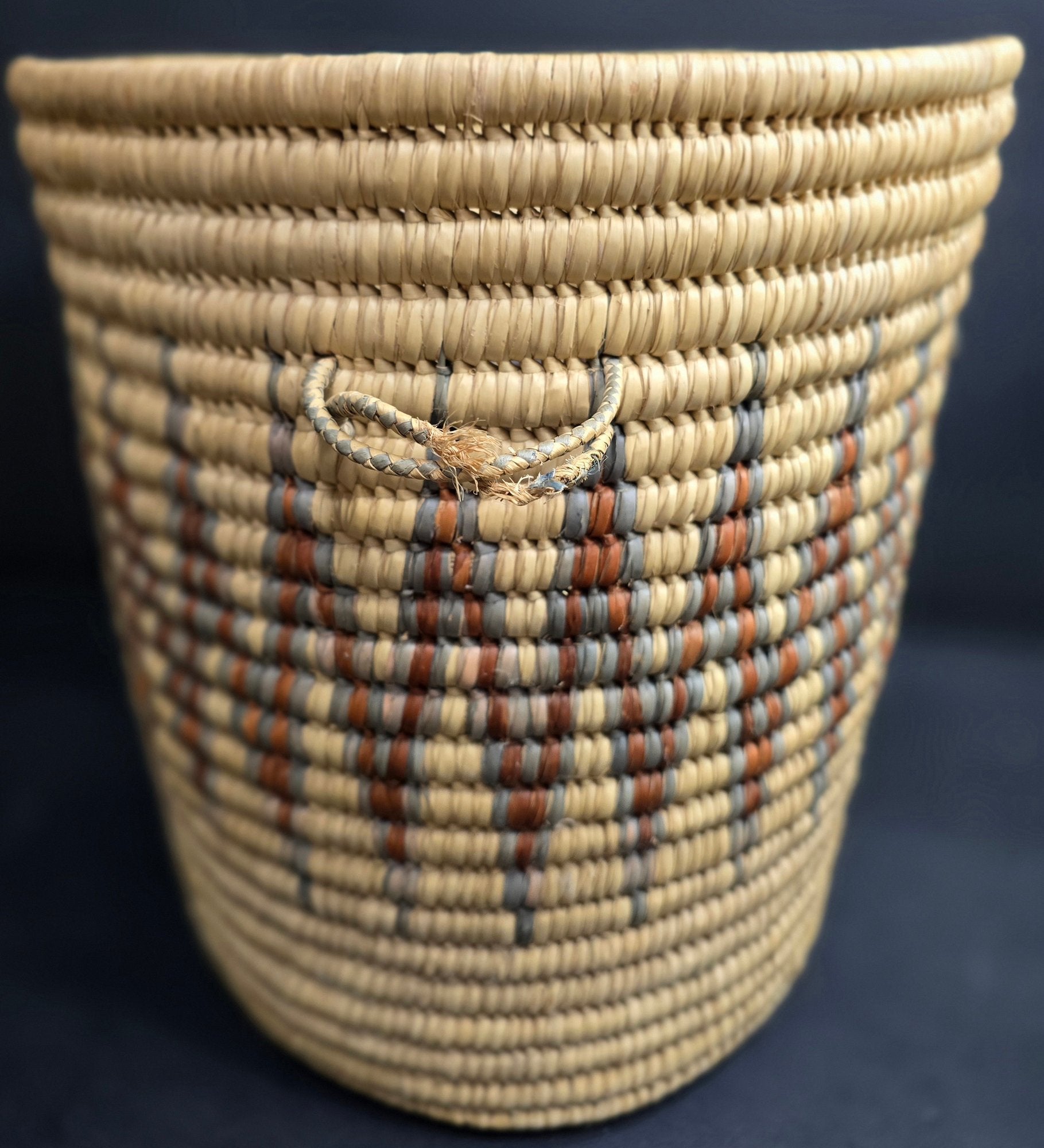 Large Hand Woven African Coil Basket With Earth Tone Geometric Pattern