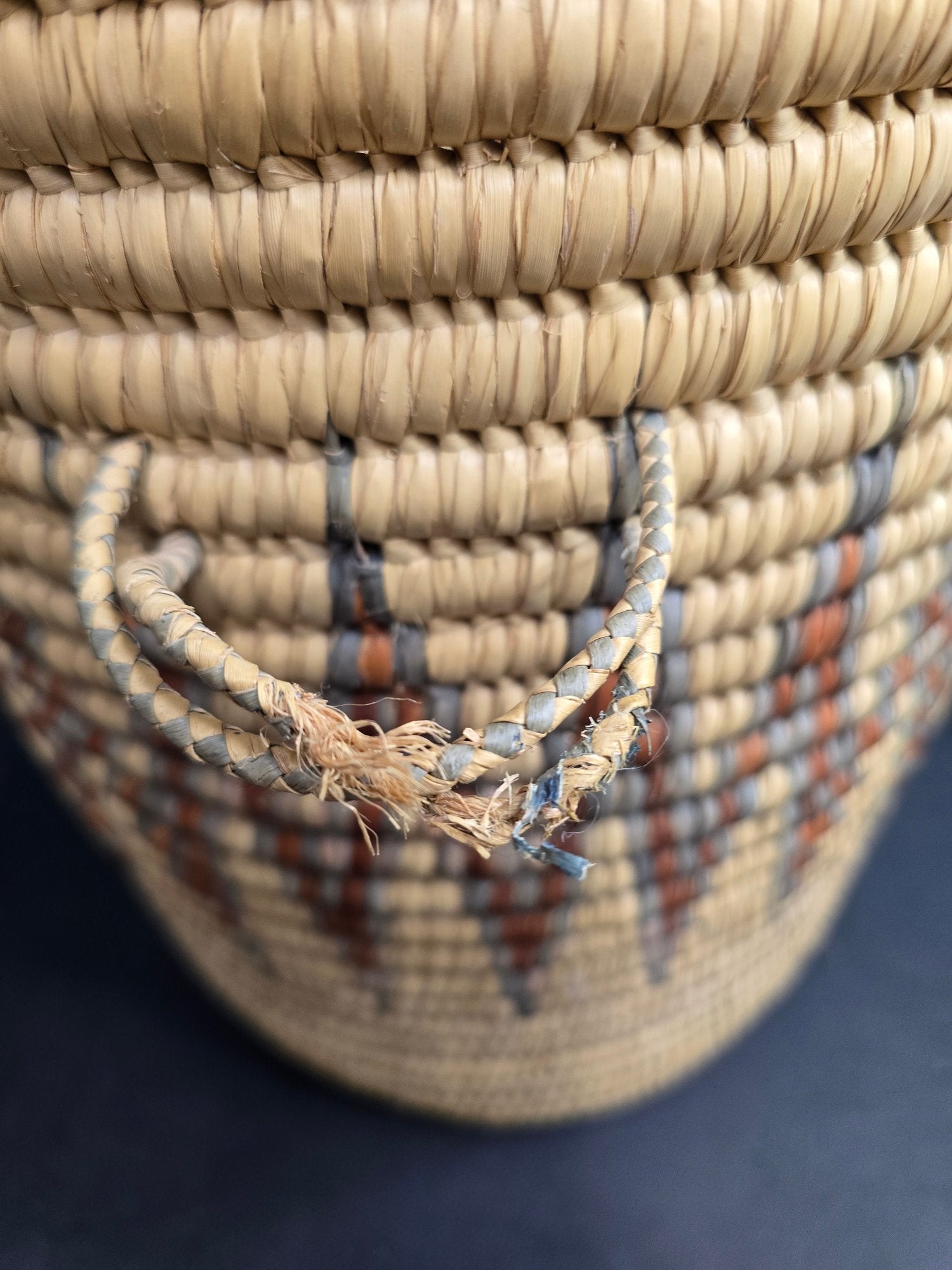 Large Hand Woven African Coil Basket With Earth Tone Geometric Pattern