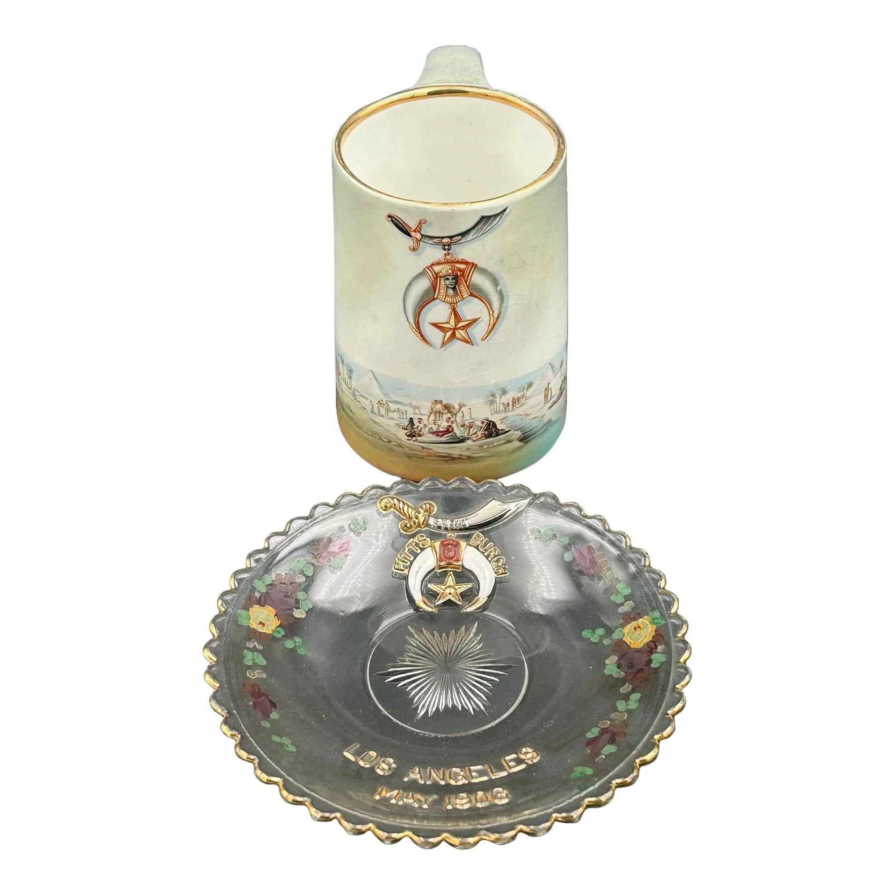 Antique Masonic Shriners Shaving Mug & 1906 Los Angeles Convention Plate