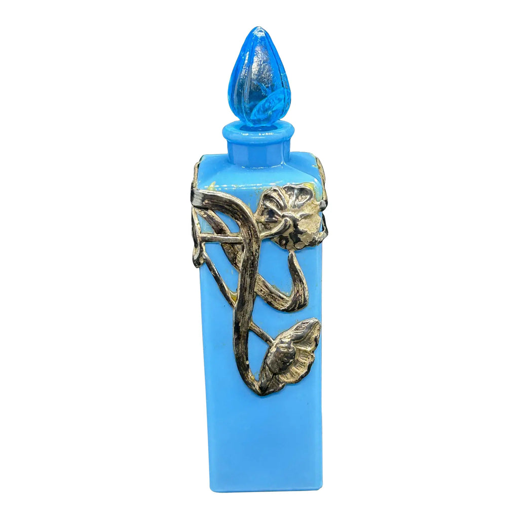 Antique Art Nouveau French Blue Glass Perfume Bottle Sterling Silver Overlay Belle Epoque Scent Bottle