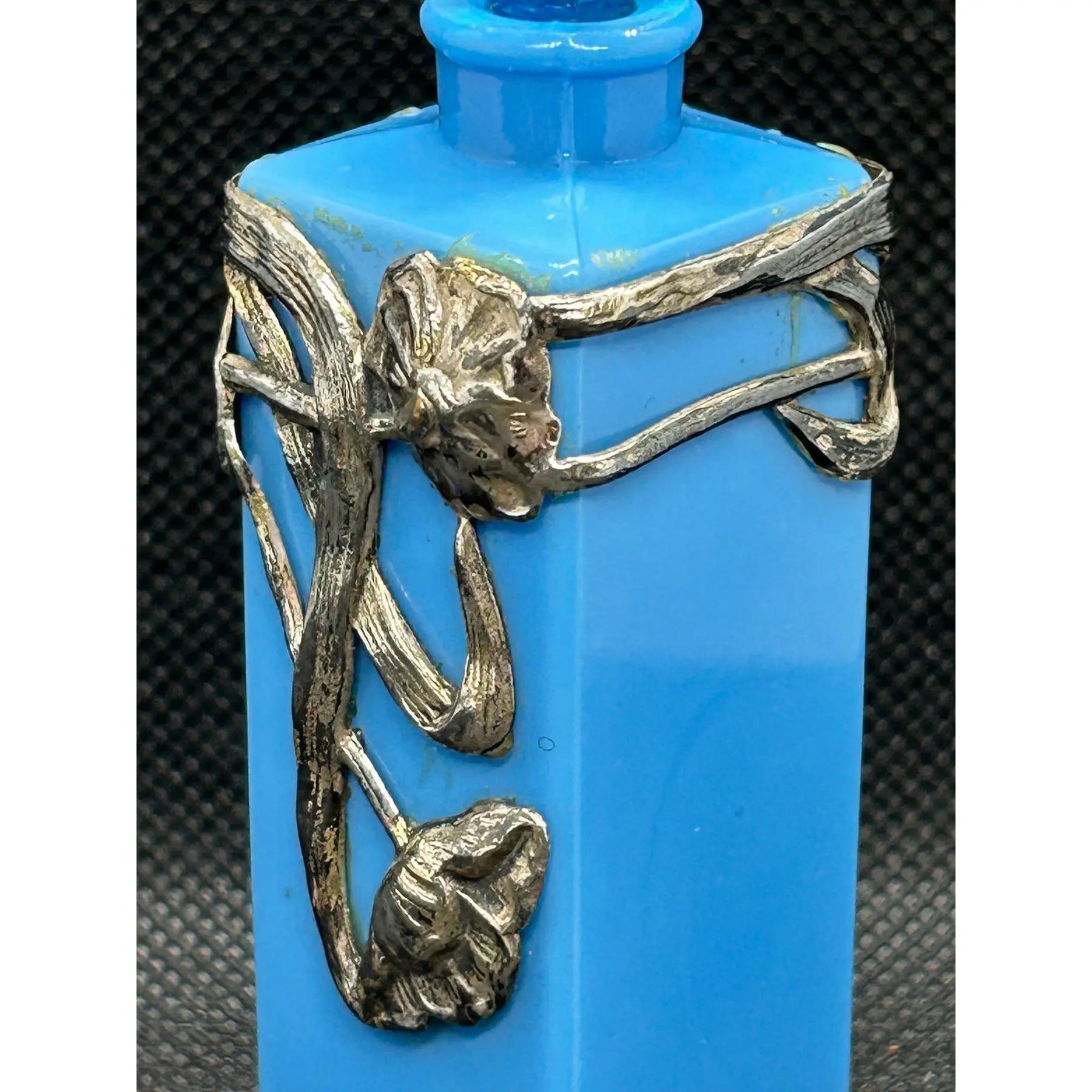 Antique Art Nouveau French Blue Glass Perfume Bottle Sterling Silver Overlay Belle Epoque Scent Bottle