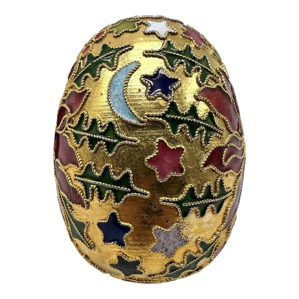 Vintage Cloisonné Holiday Egg — Poinsettia, Holly & Celestial Design