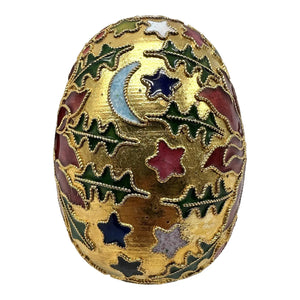 Vintage Cloisonné Holiday Egg — Poinsettia, Holly & Celestial Design
