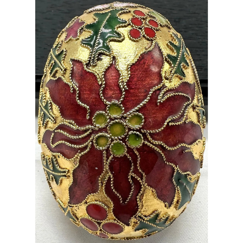 Vintage Cloisonné Holiday Egg — Poinsettia, Holly & Celestial Design