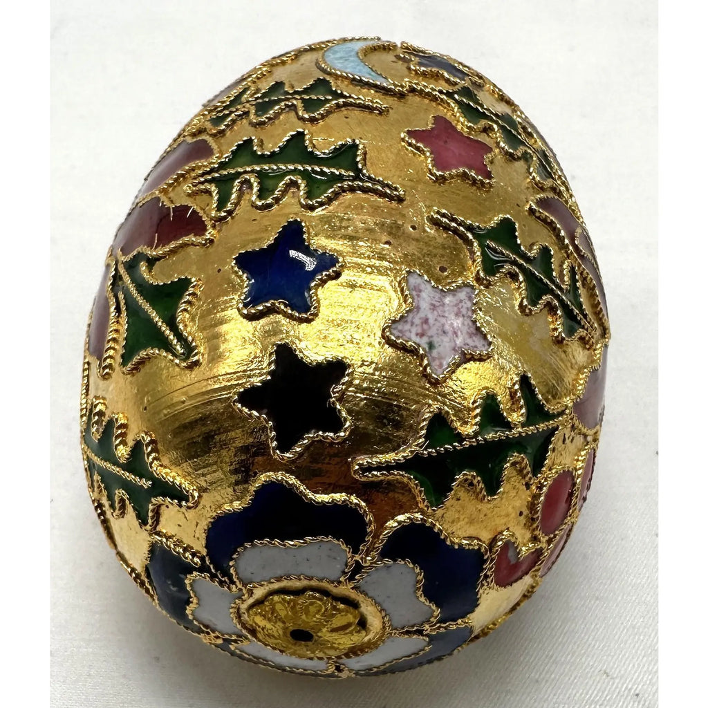 Vintage Cloisonné Holiday Egg — Poinsettia, Holly & Celestial Design