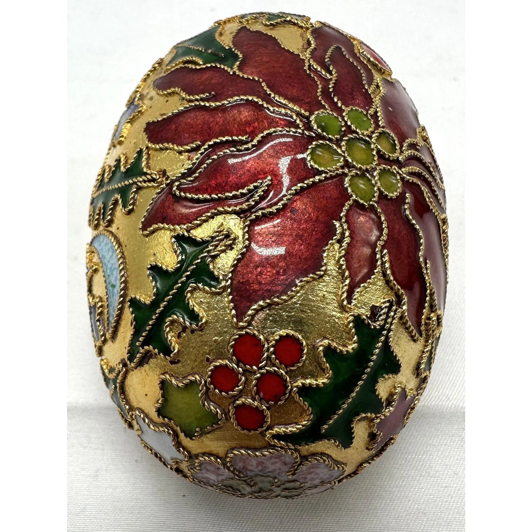 Vintage Cloisonné Holiday Egg — Poinsettia, Holly & Celestial Design