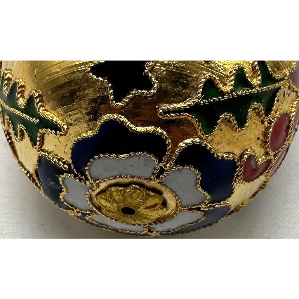 Vintage Cloisonné Holiday Egg — Poinsettia, Holly & Celestial Design