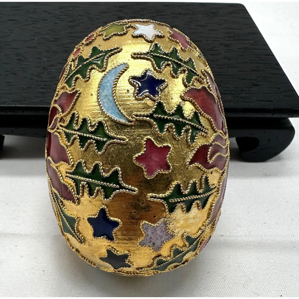 Vintage Cloisonné Holiday Egg — Poinsettia, Holly & Celestial Design