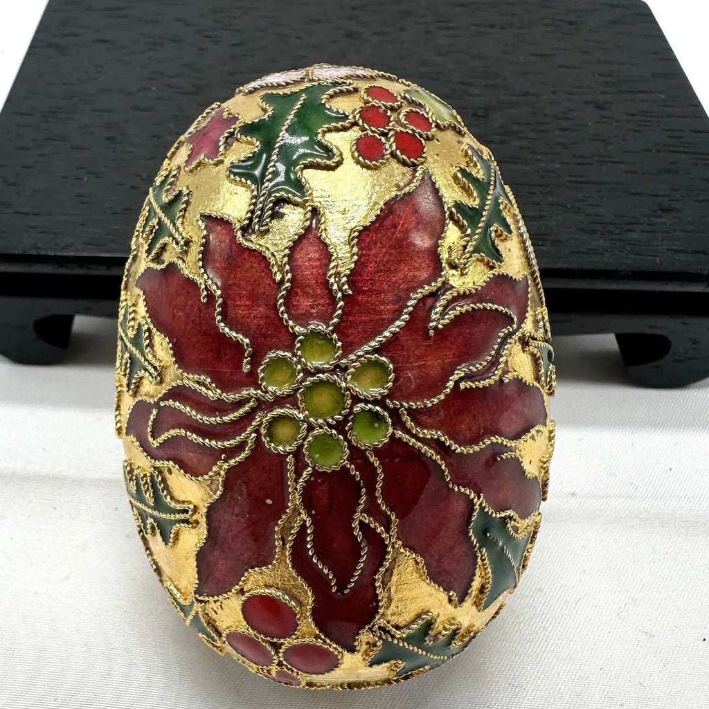 Vintage Cloisonné Holiday Egg — Poinsettia, Holly & Celestial Design