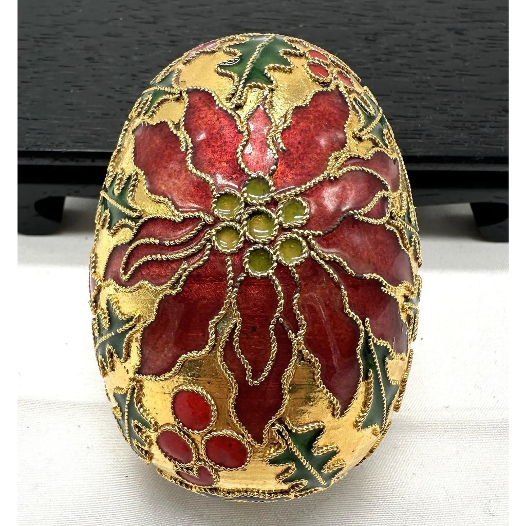 Vintage Cloisonné Holiday Egg — Poinsettia, Holly & Celestial Design