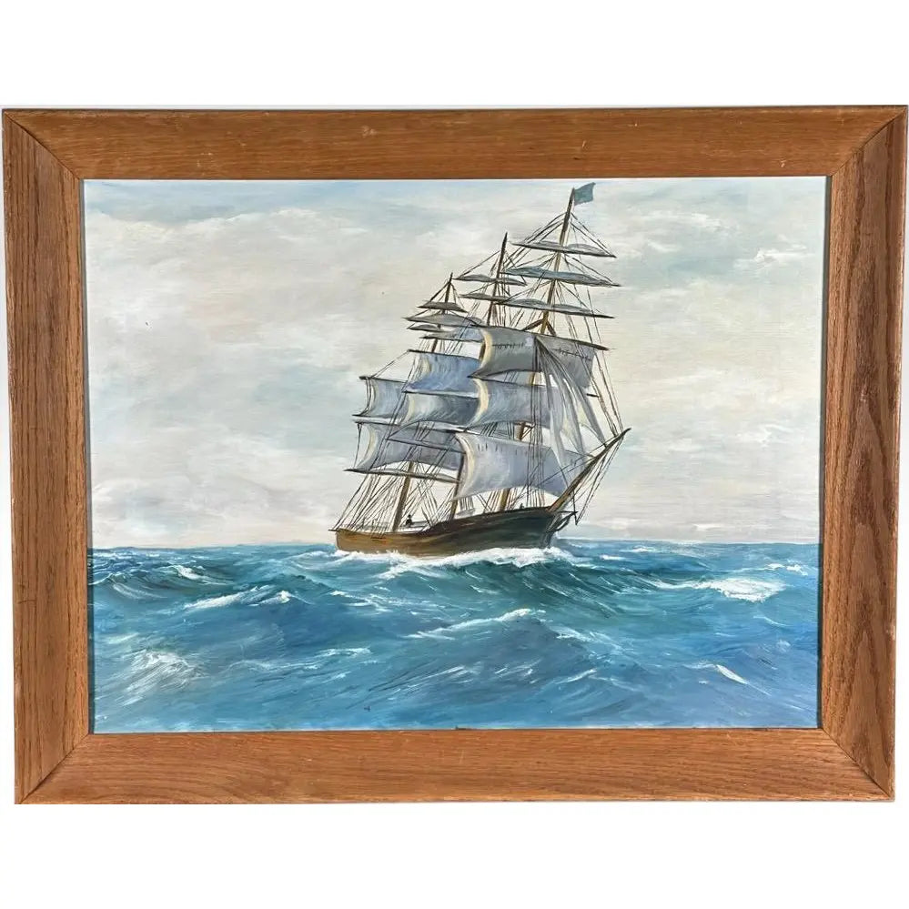 Vintage Mid Century Maritime Clipper Ship Framed Original Seascape Oil Painting
