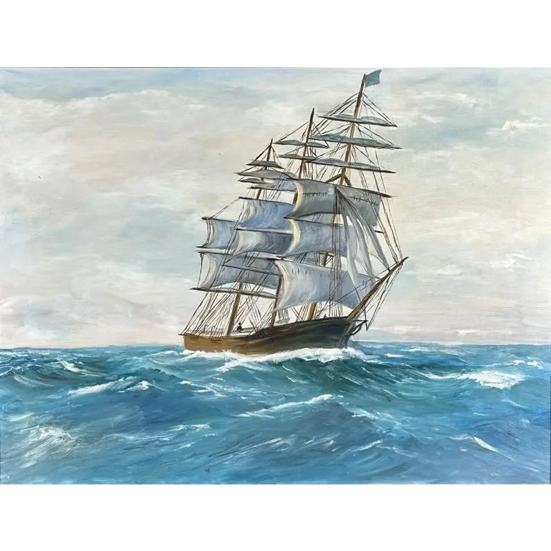 Vintage Mid Century Maritime Clipper Ship Framed Original Seascape Oil Painting