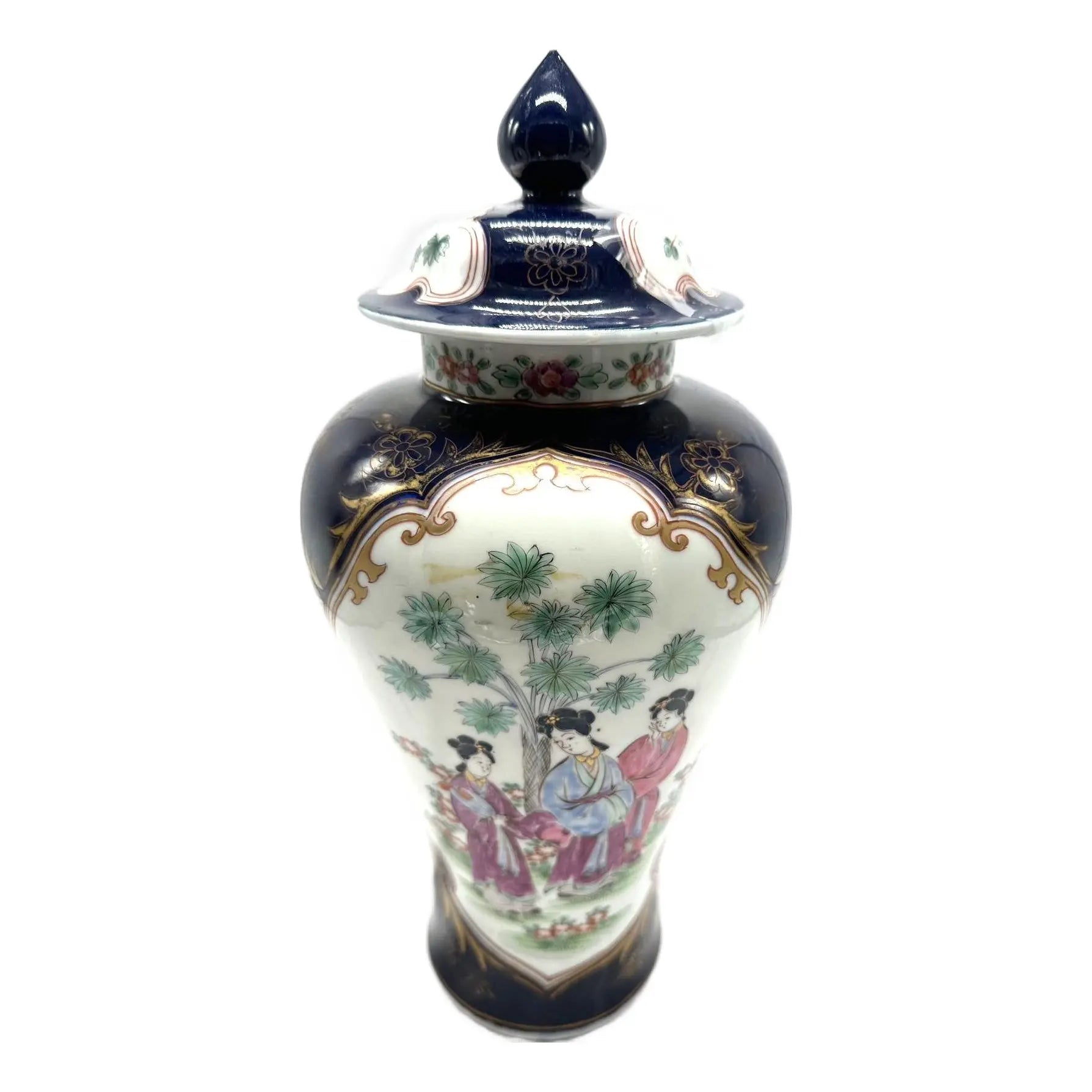 14 Inch Signed 19th C. Samson of Paris Porcelain Ginger Jar with Lid, Antique Powder Blue and Famille Rose Vase, Chinoiserie Mantel Decor