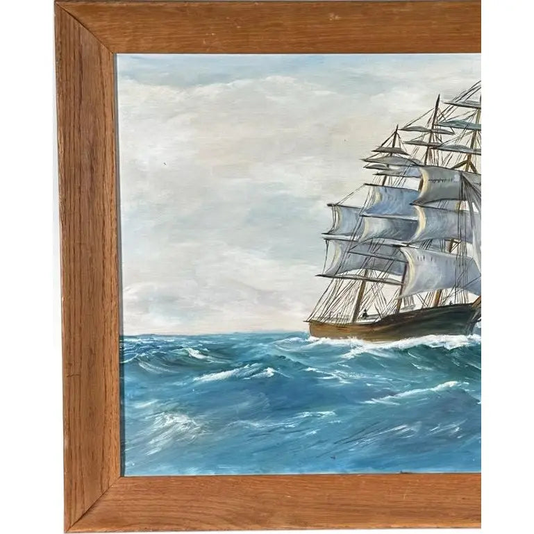 Vintage Mid Century Maritime Clipper Ship Framed Original Seascape Oil Painting