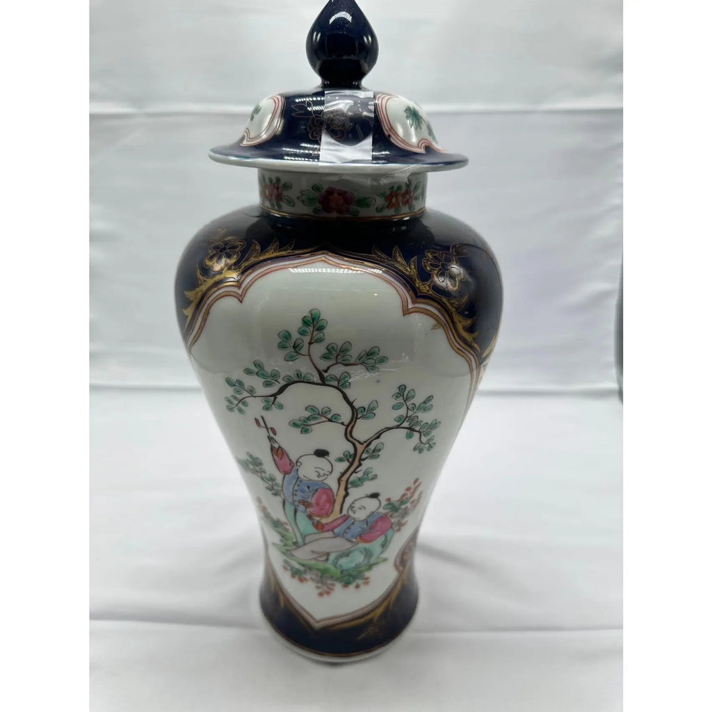 14 Inch Signed 19th C. Samson of Paris Porcelain Ginger Jar with Lid, Antique Powder Blue and Famille Rose Vase, Chinoiserie Mantel Decor