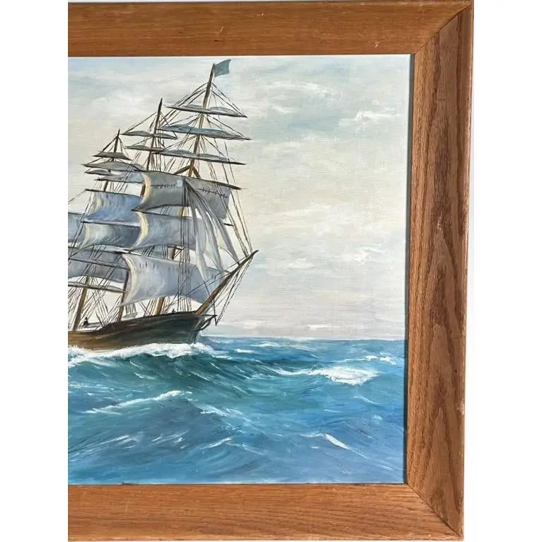 Vintage Mid Century Maritime Clipper Ship Framed Original Seascape Oil Painting