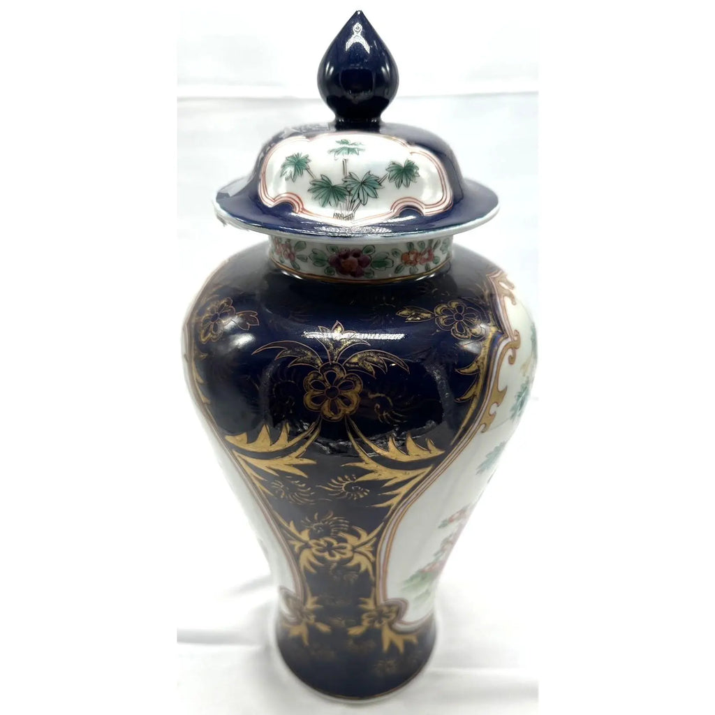 14 Inch Signed 19th C. Samson of Paris Porcelain Ginger Jar with Lid, Antique Powder Blue and Famille Rose Vase, Chinoiserie Mantel Decor