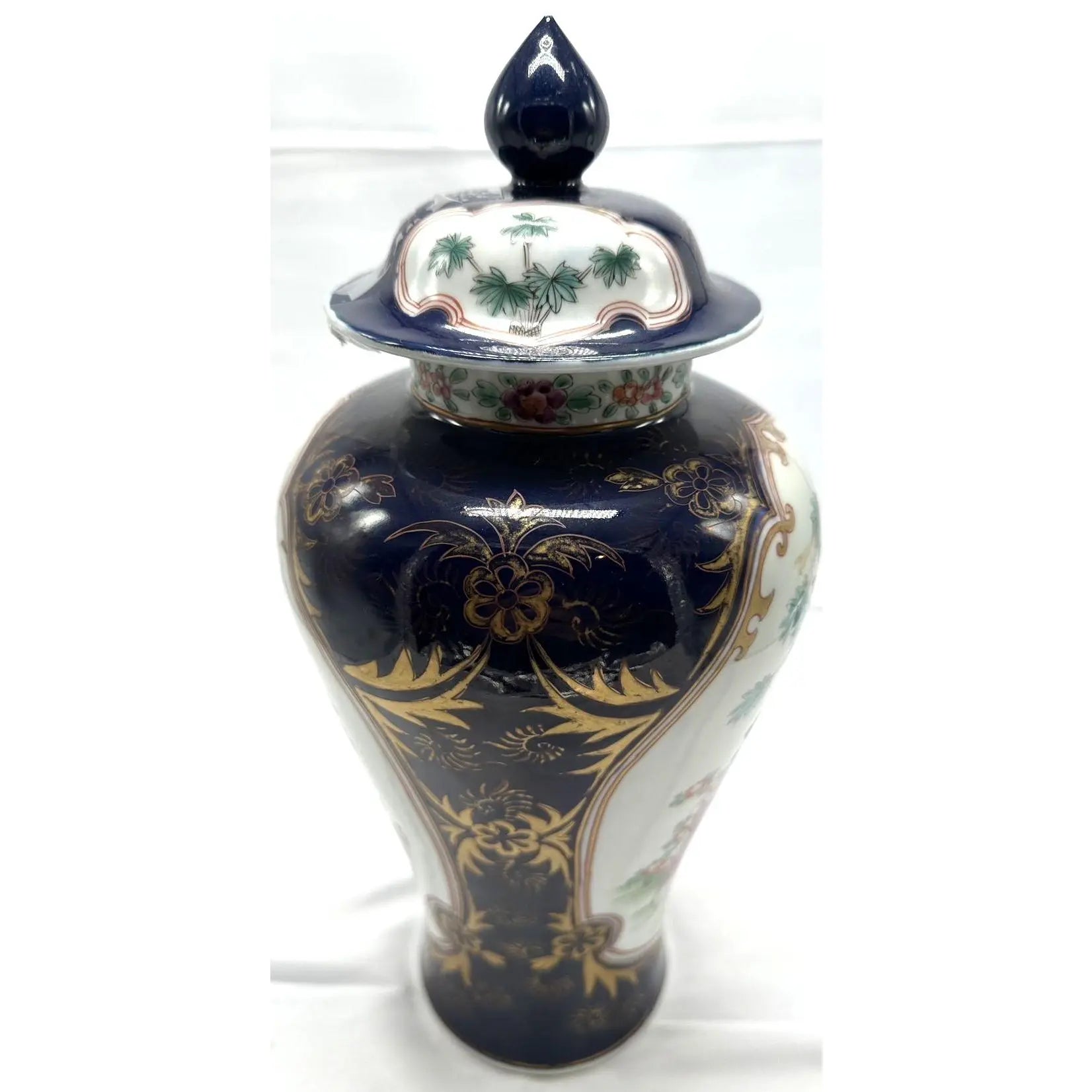 14 Inch Signed 19th C. Samson of Paris Porcelain Ginger Jar with Lid, Antique Powder Blue and Famille Rose Vase, Chinoiserie Mantel Decor