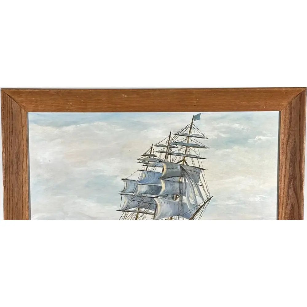 Vintage Mid Century Maritime Clipper Ship Framed Original Seascape Oil Painting