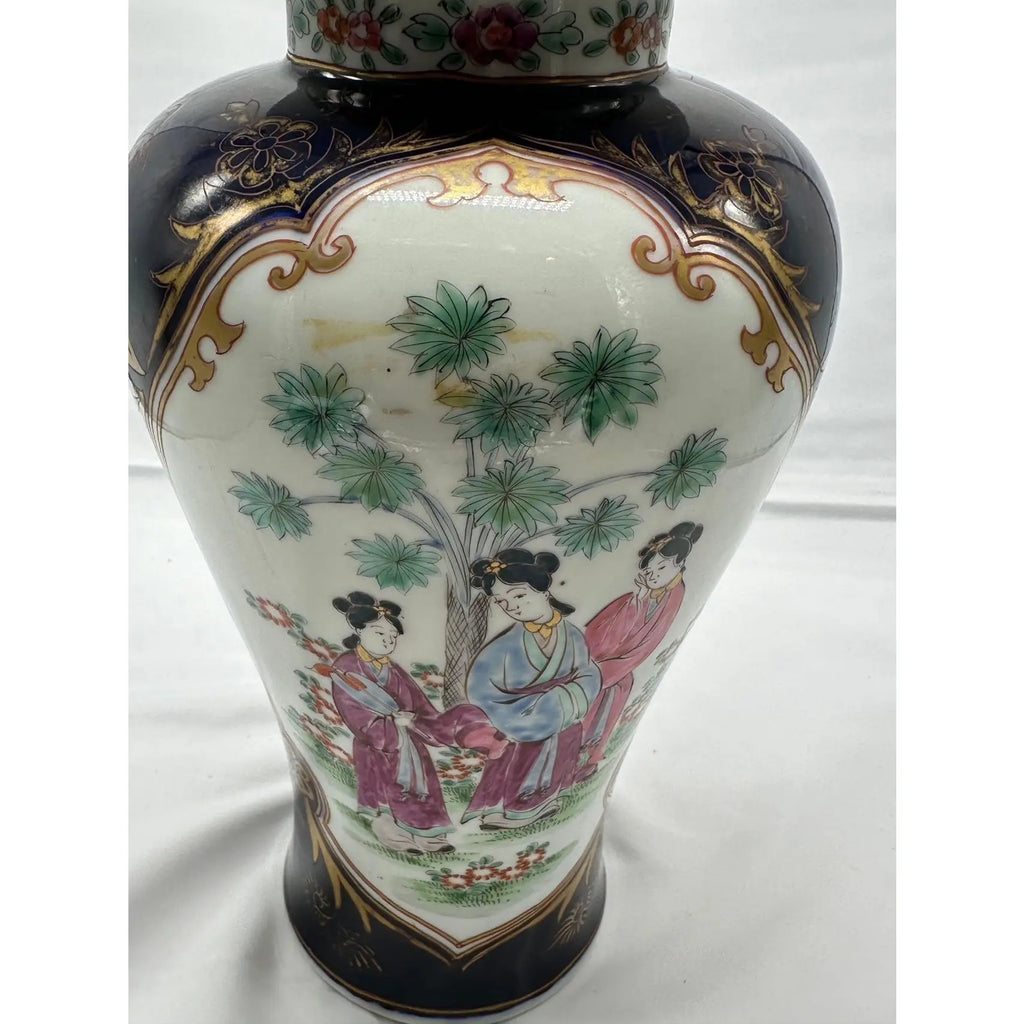14 Inch Signed 19th C. Samson of Paris Porcelain Ginger Jar with Lid, Antique Powder Blue and Famille Rose Vase, Chinoiserie Mantel Decor