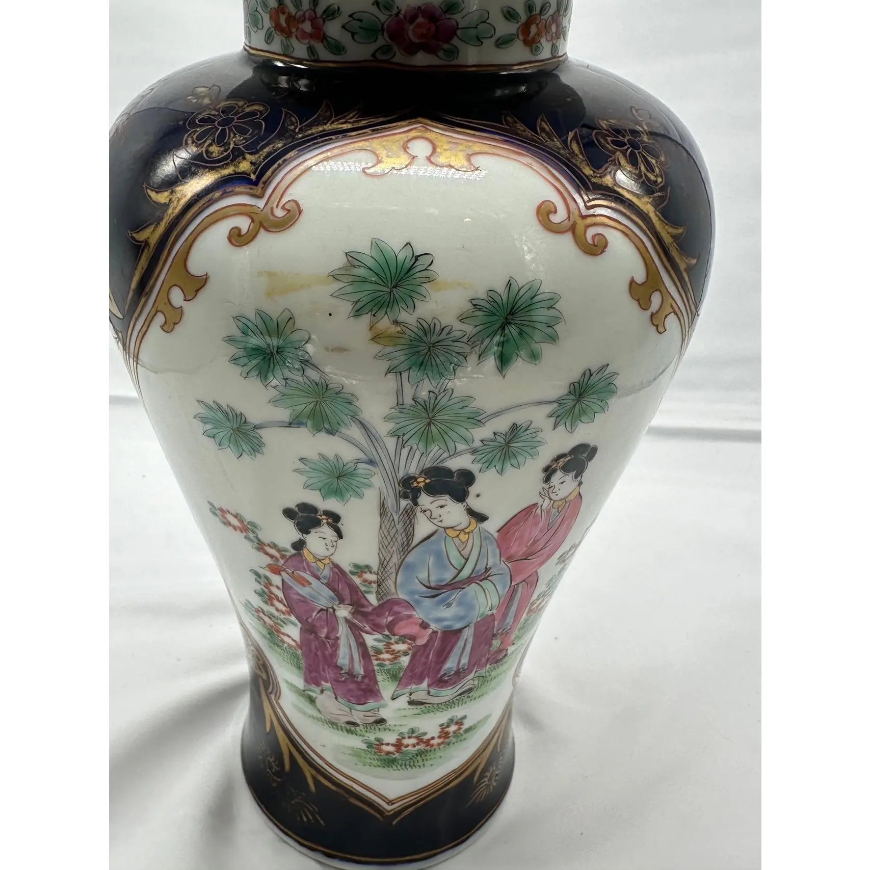 14 Inch Signed 19th C. Samson of Paris Porcelain Ginger Jar with Lid, Antique Powder Blue and Famille Rose Vase, Chinoiserie Mantel Decor