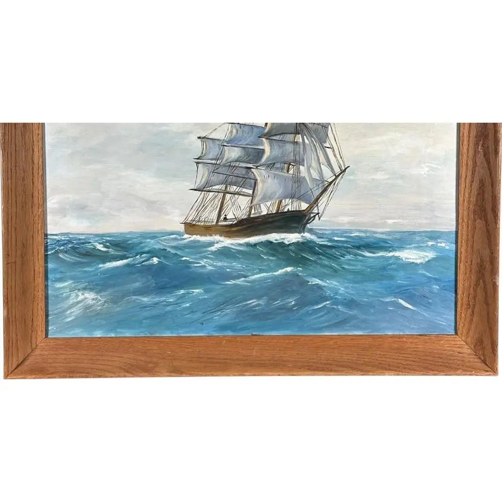 Vintage Mid Century Maritime Clipper Ship Framed Original Seascape Oil Painting