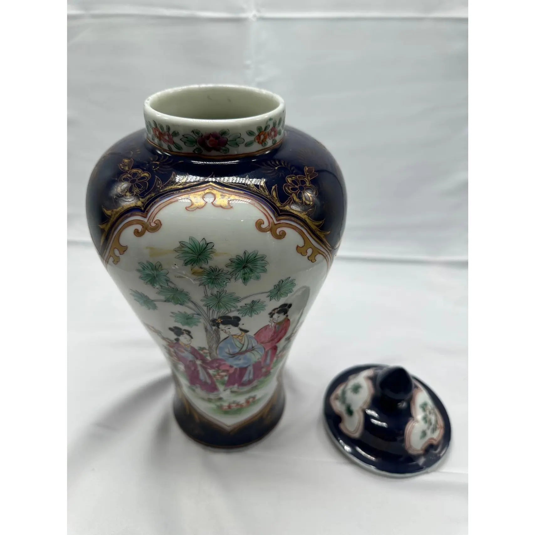 14 Inch Signed 19th C. Samson of Paris Porcelain Ginger Jar with Lid, Antique Powder Blue and Famille Rose Vase, Chinoiserie Mantel Decor